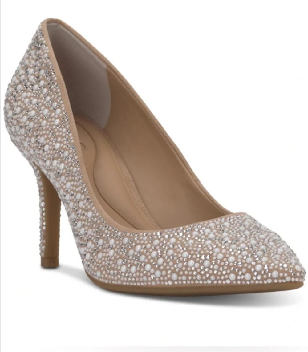 INC ZITAH92 Shoes Womens Size 8.5 Beige Pearl Rhinestone Pumps Heels Dressy